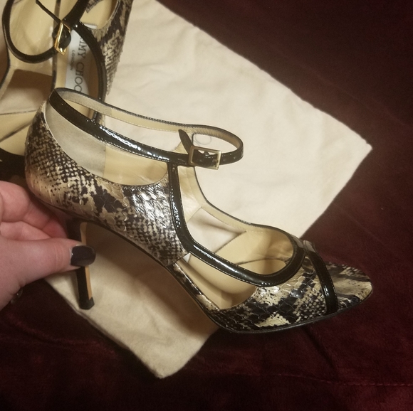 Jimmy Choo Shoes - Jimmy Choo Snakeskin Peep-Toe Strappy Buckle Heels
